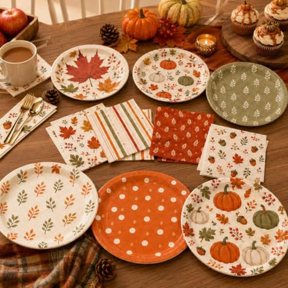Fall Party Plates and Napkins Set - Pumpkin Leaf Designs for Autumn Harvest Thanksgiving