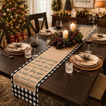 Silent Night Christmas Table Runner Black & White Plaid 25x118 Inches - Holiday Decor