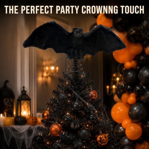 Halloween Bat Tree Topper - 10 Inch Black Plush Gothic Christmas Decoration