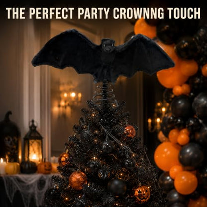Halloween Bat Tree Topper - 10 Inch Black Plush Gothic Christmas Decoration
