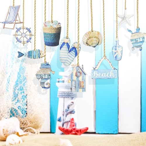 Summer Wooden Hanging Ornaments - Ocean Beach Tropical Decor - Blue