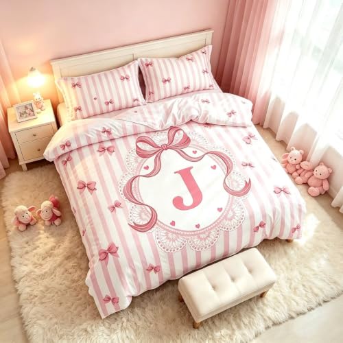 Pink Letter J Duvet Cover Set Twin Size Kids Bedding with Bow Design - Pink J Variation