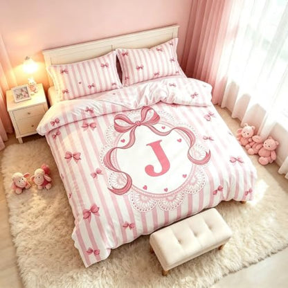 Pink Letter J Duvet Cover Set Twin Size Kids Bedding with Bow Design - Pink J Variation