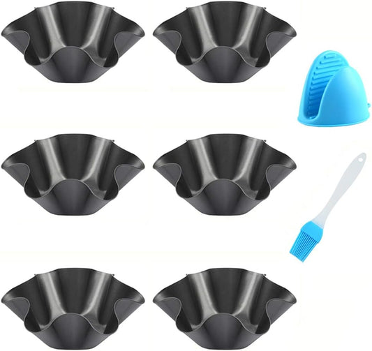 Skiennix Tortilla Pan Set - 6 Pack Carbon Steel Non-Stick Taco Shell Makers with Silicone Potholder & Basting Brush - Black