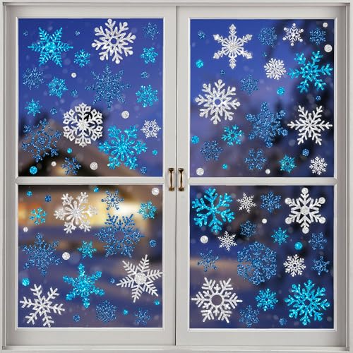 9 Sheets Glitter Snowflake Window Clings for Christmas Holiday Decor - Blue & Silver