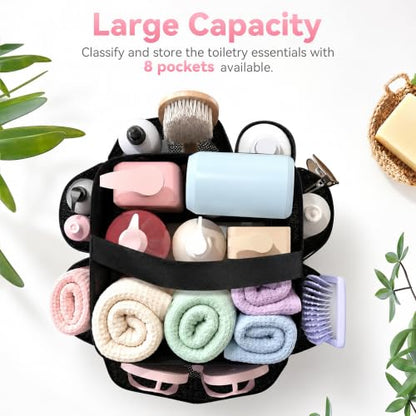 Portable Mesh Shower Caddy with One Handle - Black, 8-Pocket Dorm & Beach Organizer