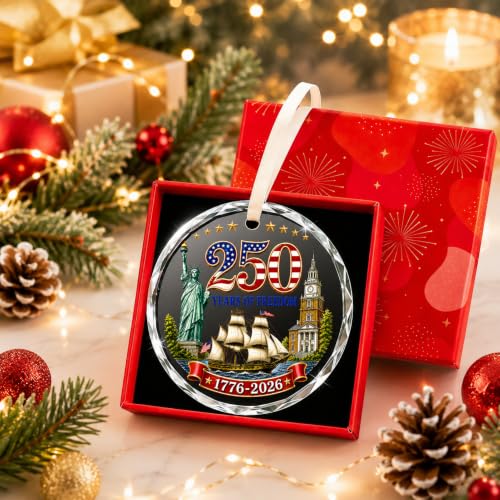 USA 250th Anniversary Crystal Glass Ornament Patriotic Stars 1776-2026