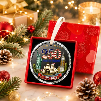 USA 250th Anniversary Crystal Glass Ornament Patriotic Stars 1776-2026