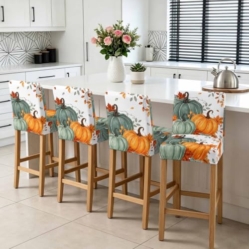 White Green Orange Fall Bar Stool Covers Set of 4 with Back, Thanksgiving Pumpkin Decor