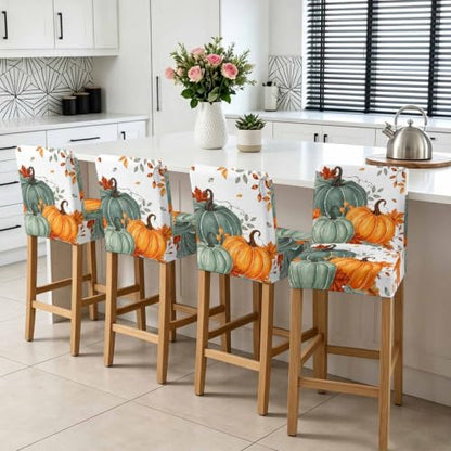 White Green Orange Fall Bar Stool Covers Set of 4 with Back, Thanksgiving Pumpkin Decor
