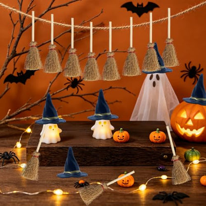 Miniature Witch Hat and Straw Broom Set for Halloween Craft Decorations