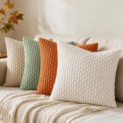 Fall Decorative Throw Pillow Covers 18x18 Inches Set of 4 - Striped Corduroy