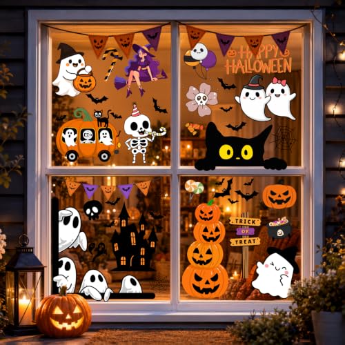 Halloween Window Stickers Set - Ghost Pumpkins Bats for Glass Doors & Windows