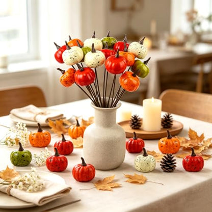 Mini Artificial Pumpkins with Bendable Stems - Fall Decor Set of 20