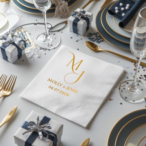 Personalized Wedding Cocktail Napkins - Style 3, Floral Wreath Design, 50 Pack