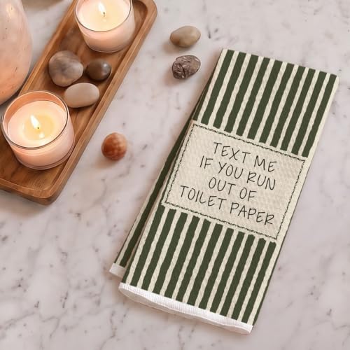 Bathroom - 09 Olive Green Striped Hand Towels - Waffle Textured Decorative Set