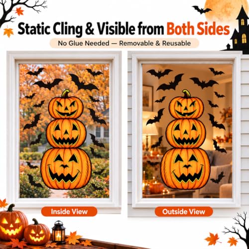 Halloween Window Clings Set - Extra Large Spooky Pumpkin and Bat Designs