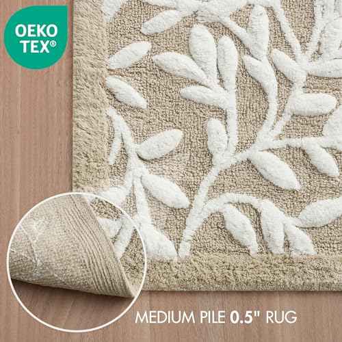 Madison Park Serene 100% Cotton Tufted Bathroom Rug - High & Low Tufting Floral Leaf Design, Quality Luxurious Plush Medium Pile Bath Mat Absorbent, Quick Dry, Shower Room D?cor, 21x34 Taupe