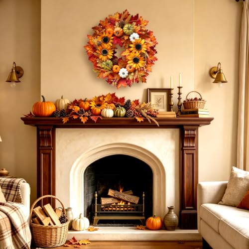 24 Inch Fall Sunflower Wreath with Pumpkins and Maple Leaves for Front Door