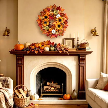 24 Inch Fall Sunflower Wreath with Pumpkins and Maple Leaves for Front Door
