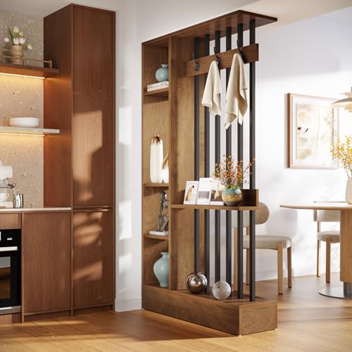 Tribesigns 71" Wall Divider with Open Shelves & Coat Hooks - Brown, 39.37" W x 11.81" D x 70.87" H