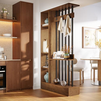 Tribesigns 71" Wall Divider with Open Shelves & Coat Hooks - Brown, 39.37" W x 11.81" D x 70.87" H