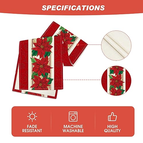 Poinsettia Xmas Table Runner 13x72 Inch - Red Holiday Home Decor