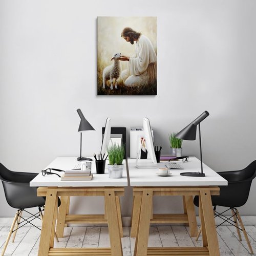 Jesus Holding Lamb Canvas Wall Art - Serene Christian Decor for Home & Church | 12x16 Inches