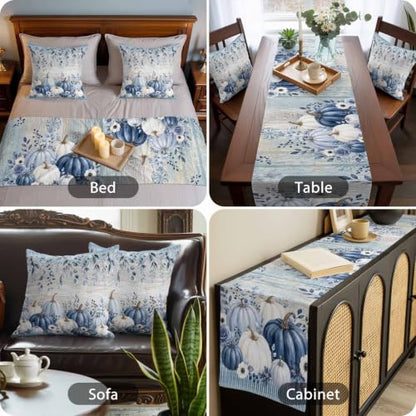 83 x 20 Inch Fall Bed Runner & Pillow Cover Set - Navy Blue Pumpkin Decor
