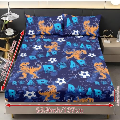 Soccer Dinosaurs Twin XL Bed Sheet Set for Kids Room Decor - 3 Piece Deep Pocket Bedding