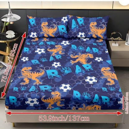 Soccer Dinosaurs Twin XL Bed Sheet Set for Kids Room Decor - 3 Piece Deep Pocket Bedding