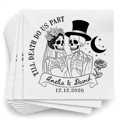 Personalized Gothic Skeleton Wedding Cocktail Napkins - Couple 1734 Halloween Wedding Decor