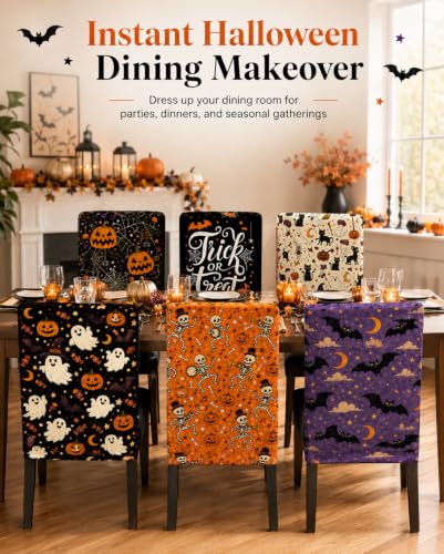 Halloween Chair Covers Set of 6 Linen Dining Slipcovers for Dining Chairs