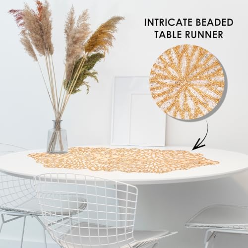 Beaded Table Runner 13x36 Inches - White/Golden Holiday Farmhouse Decor