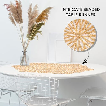 Beaded Table Runner 13x36 Inches - White/Golden Holiday Farmhouse Decor