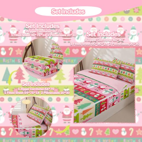 Kids Christmas Snowman Comforter Set Twin Size - Feelyou Santa Claus & Holiday Design - Green, Red, Pink Variations