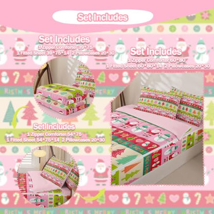 Kids Christmas Snowman Comforter Set Twin Size - Feelyou Santa Claus & Holiday Design - Green, Red, Pink Variations