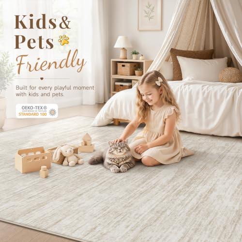 Beige 8x10 Washable Modern Abstract Rug Non-Slip Indoor Carpet for Living Room