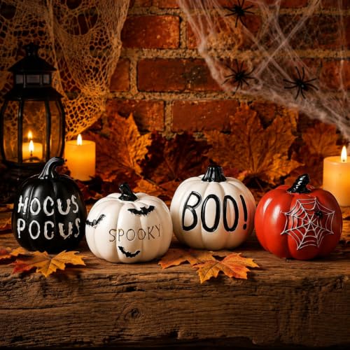 Halloween Pumpkin Decor Set - 4 Resin Black, White & Orange Figurines