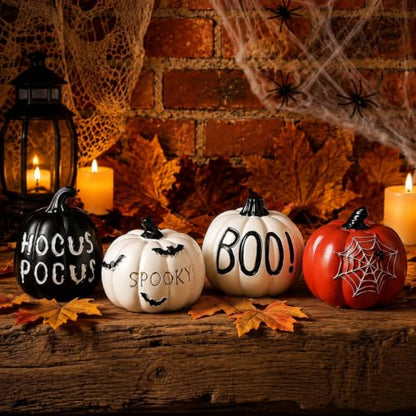 Halloween Pumpkin Decor Set - 4 Resin Black, White & Orange Figurines