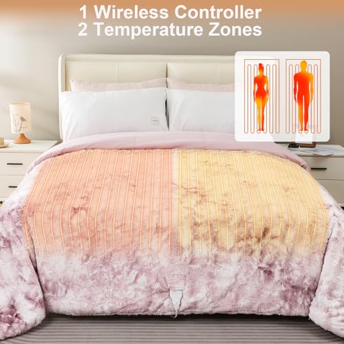 Pink Faux Fur Heated Blanket Queen Size with Wireless Remote 90x90