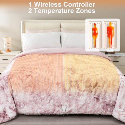 Pink Faux Fur Heated Blanket Queen Size with Wireless Remote 90x90