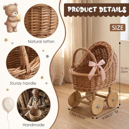 Light Brown 4-Piece Wicker Baby Carriage Set for Baby Shower Decor