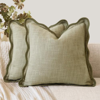 22x22 Inch Set of 2 Decorative Scalloped Textured Throw Pillow Covers Dusty Sage Green