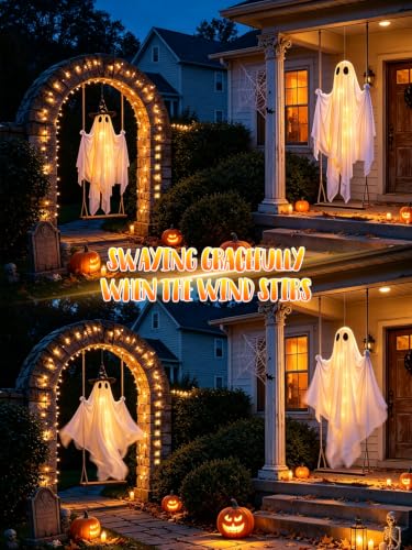 Halloween Swinging Ghost Outdoor Decoration with Witch's Hat - 5FT Ghost & Adjustable Rope