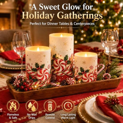 Christmas Candy Cane Flameless Candle Set with Remote - 3 Color Changing LED Pillar Candles