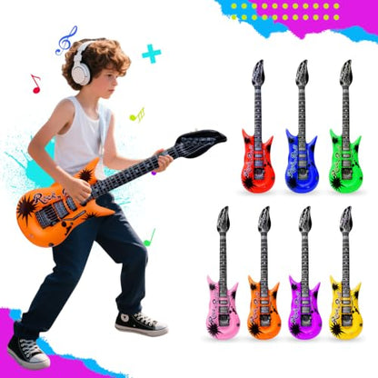 Inflatable Guitar Party Props Set - 9 Bright Color Blow Up Guitars with Pump