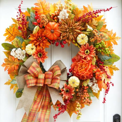 Fall Front Door Wreath 24In with Plaid Bow & Autumn Dahlias - Rustic Decor