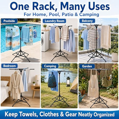 Outdoor Pool Towel Rack with 6 Foldable Arms & Adjustable Height 51-71 Inch