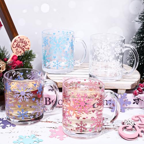 Christmas Snowflake Glass Coffee Mug Set - 12 oz Holiday Drinkware
